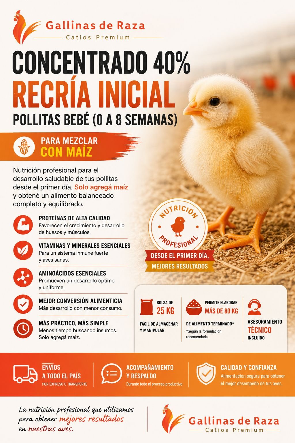 25 kilos de Concentrado 40% Recría Inicial para Pollitas (0 a 8 semanas)